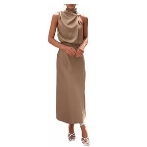 PrettyGarden Elegant Mock Neck Sleeveless Satin Midi Dress Camel Beige Size M‎